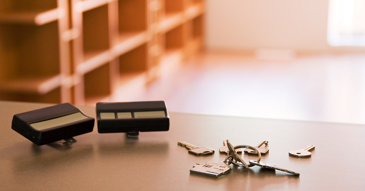 Modern apartment keys on kitchen counter